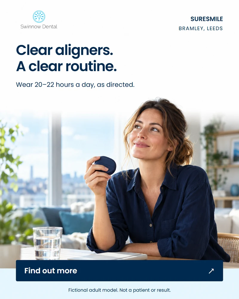 Clear aligners. A clear routine. Fictional adult model holding an aligner case, with 20–22 hours daily wear message.