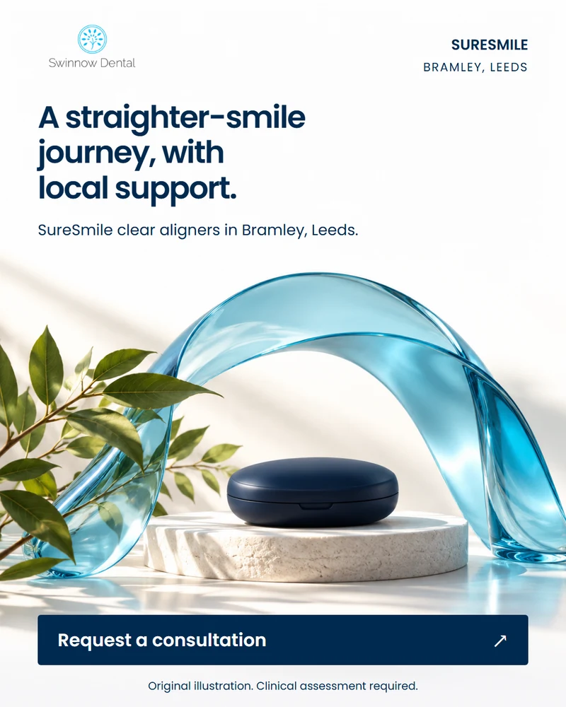 A straighter-smile journey, with local support. Original cyan arch sculpture and navy aligner case. Request a consultation.