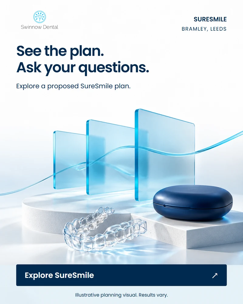 See the plan. Ask your questions. Abstract proposed-plan illustration with a clear aligner and navy case.
